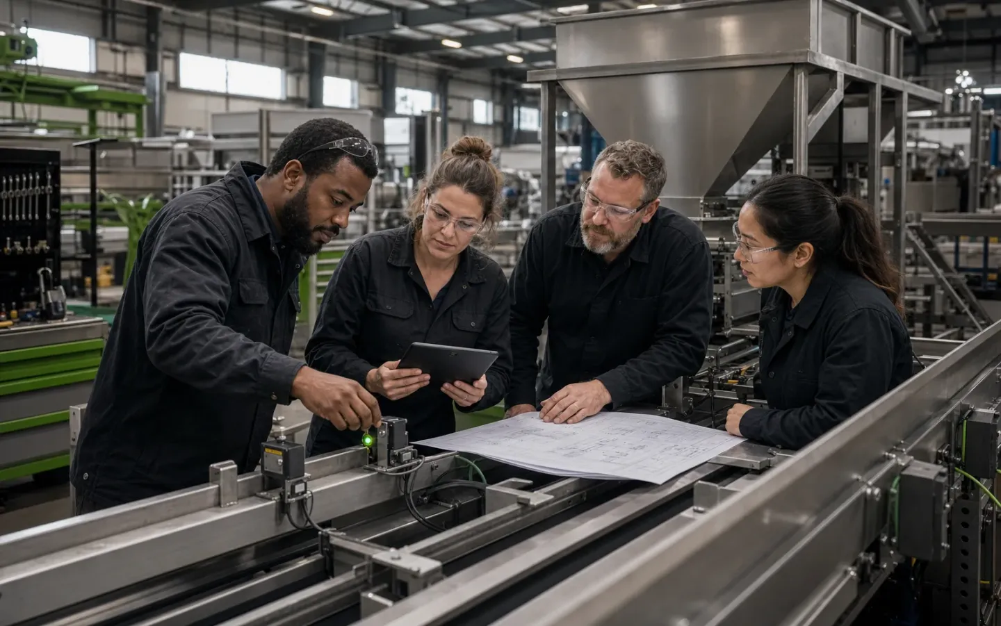 ACW engineers collaborating around agricultural machinery