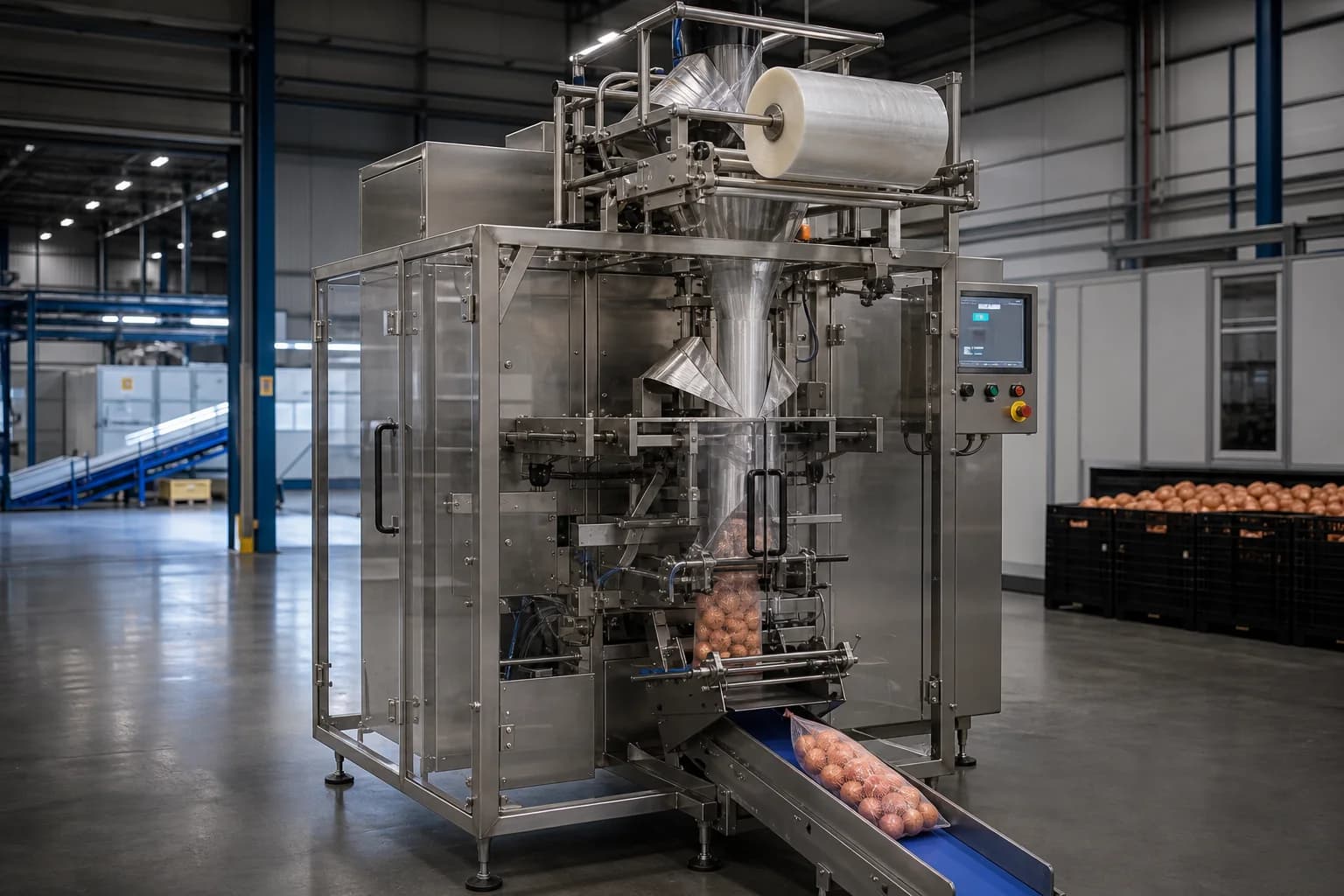 Vertical bagging machine filling mesh bags of onions