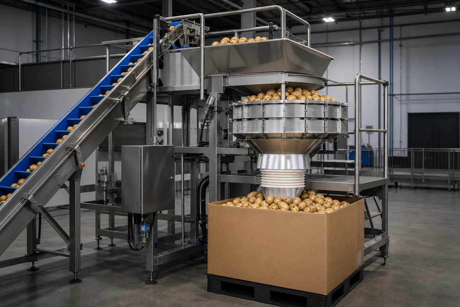Gentle-fill system loading potatoes into a bulk bin