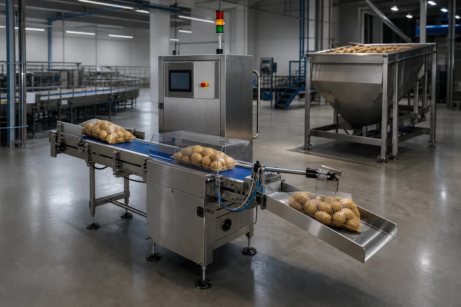Inline checkweigher inspecting mesh bags of potatoes beside a bulk weighing hopper