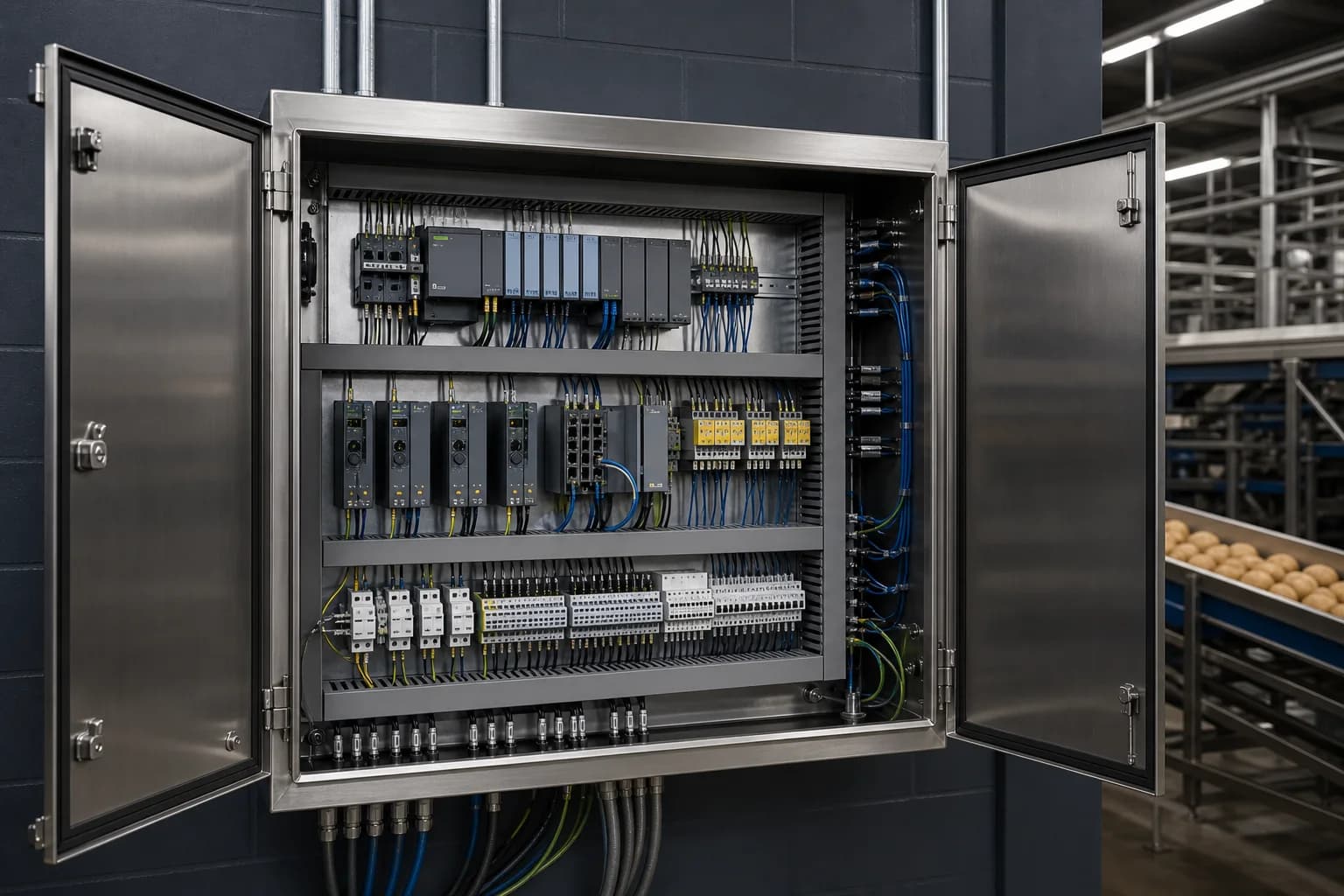 Open industrial control panel with PLC and motor control hardware