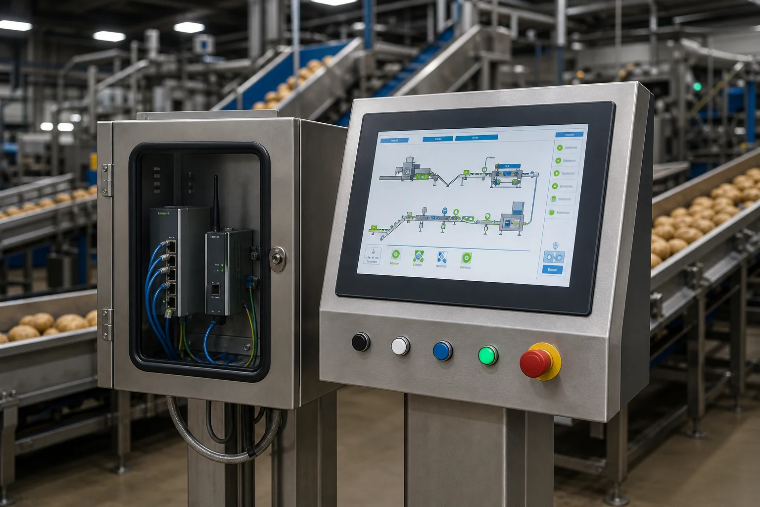 Industrial HMI panel and secure remote access hardware beside a potato packing line