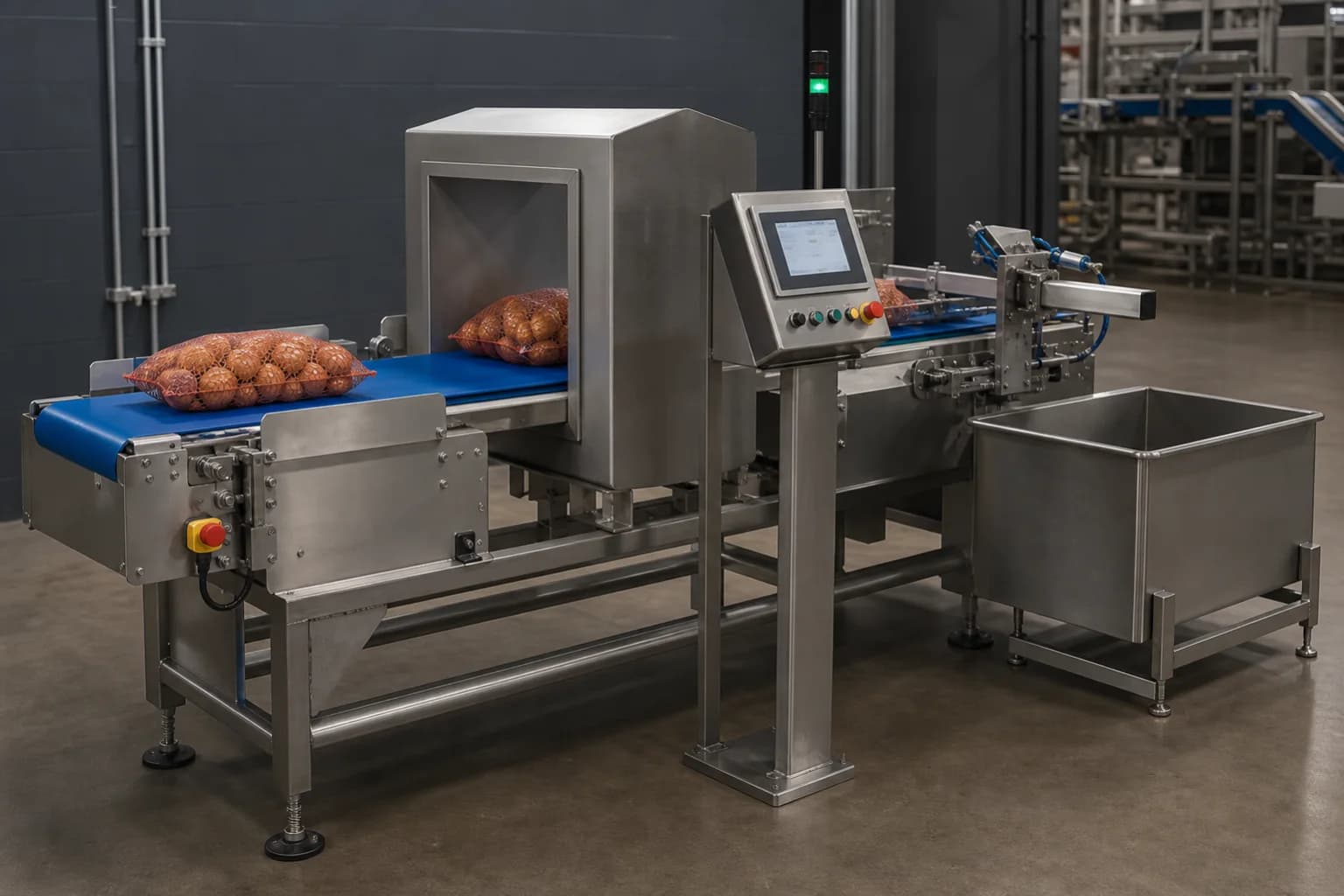 Inline metal detector with automatic reject inspecting bagged onions