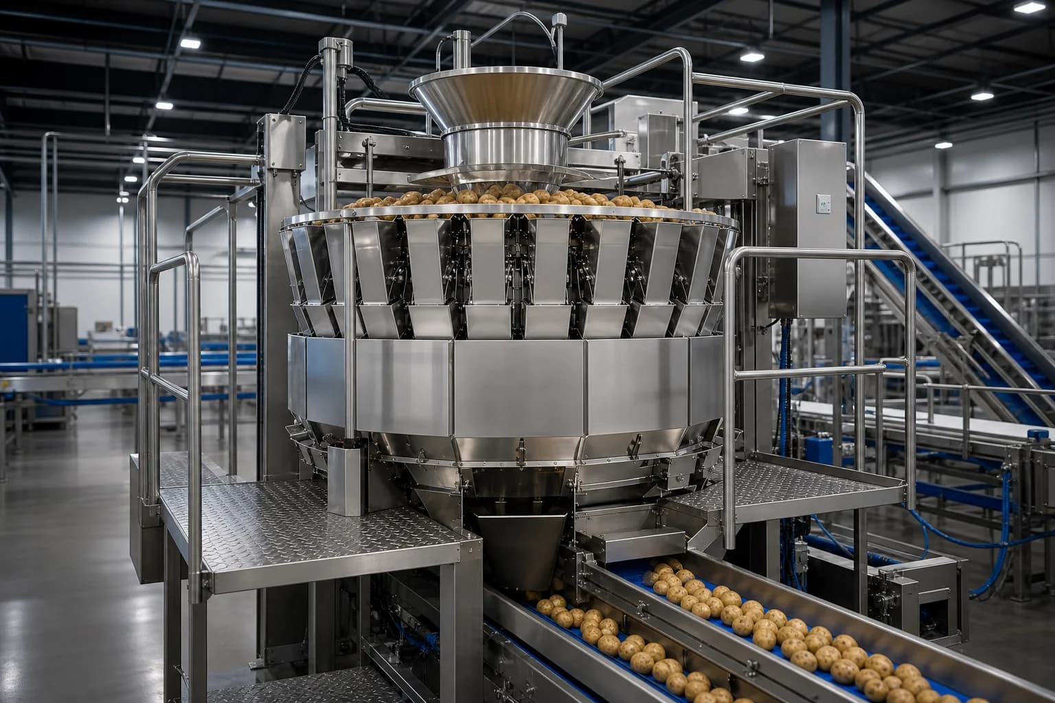 Stainless multihead weigher processing potatoes in a produce packing facility