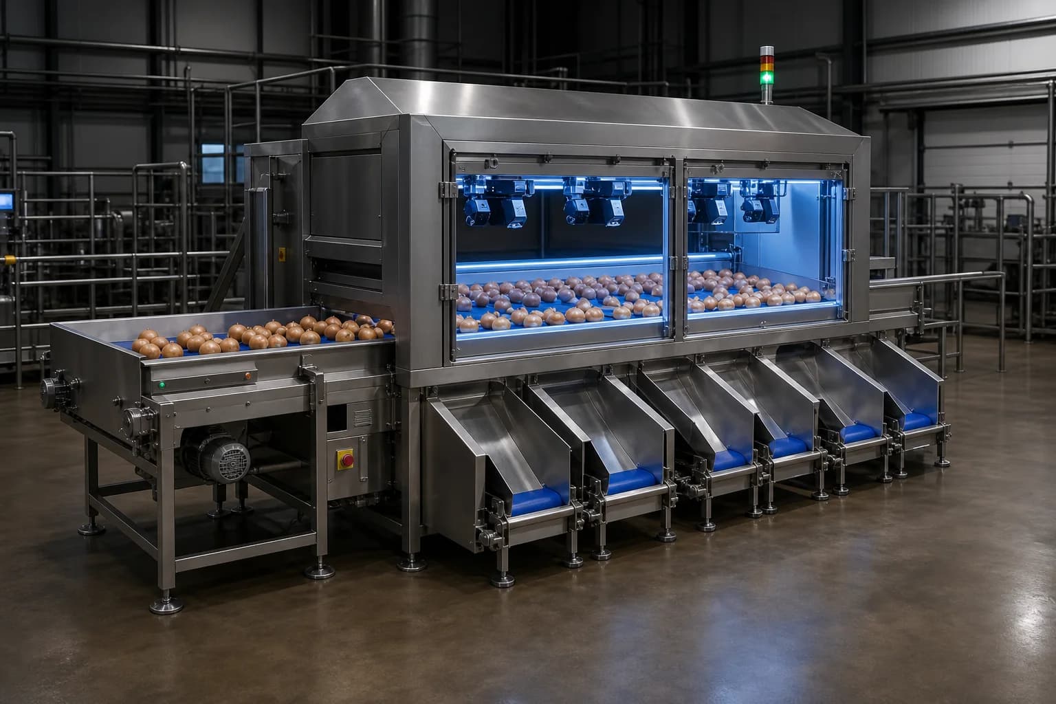 Camera-based optical sorter inspecting onions on a conveyor