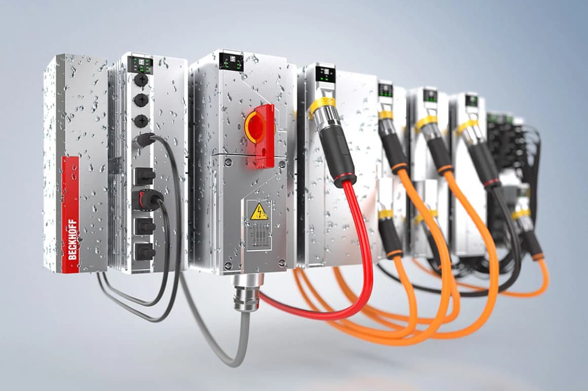 Beckhoff control and automation hardware with connected industrial cabling